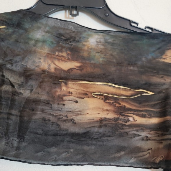 Dan Dee Silk Scarf Hand Painted 9x52 Abstract Swirl Gray Brown Blue Gold - Picture 9 of 11
